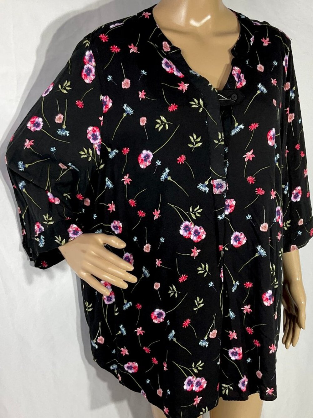 Woman Within Sz 14/16 Black Blouse Womens Floral Top 30-0551-9 Flowy Tunic